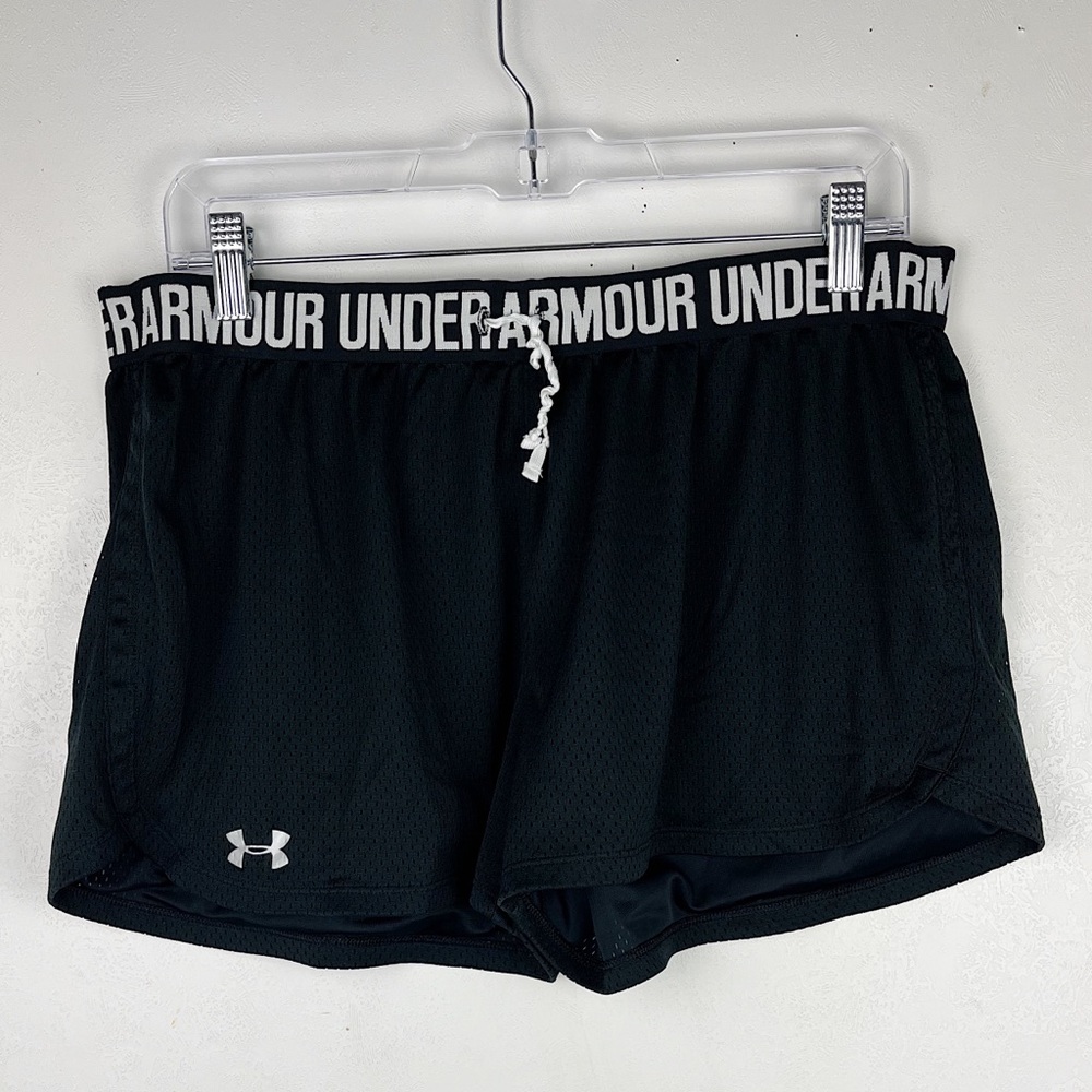 Under Armour Play Mesh Shorts Black Athletic Activewear Large Run Gym Tie Waist